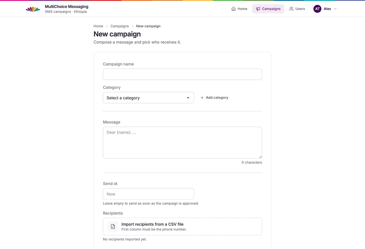 The new-campaign composer with message text and CSV recipient import