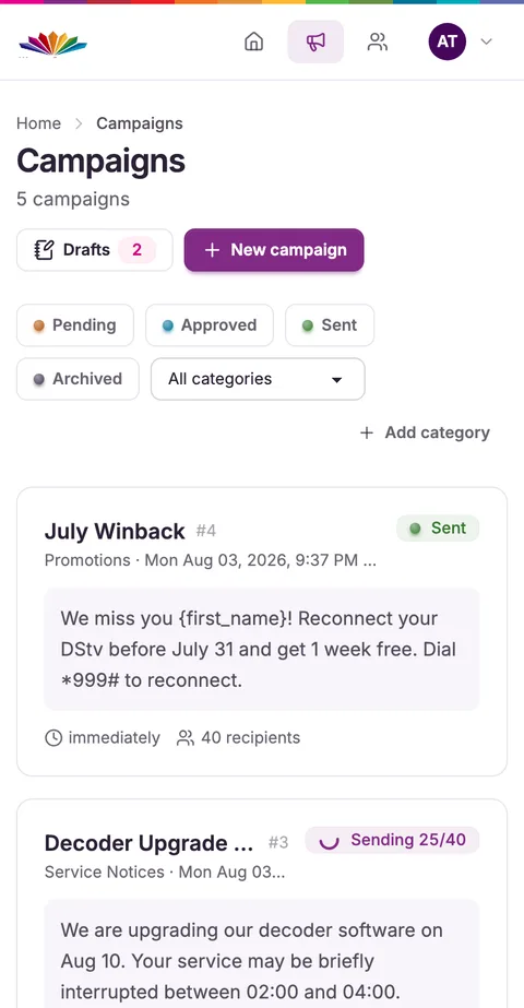 The campaigns list on a phone